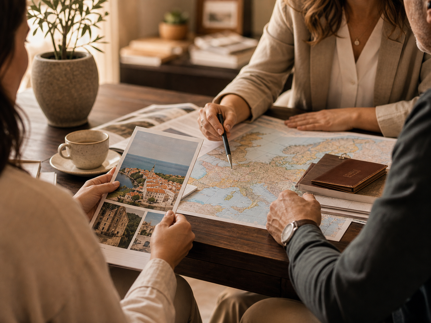 Asesoramiento de viaje en una mesa con mapa y documentación
