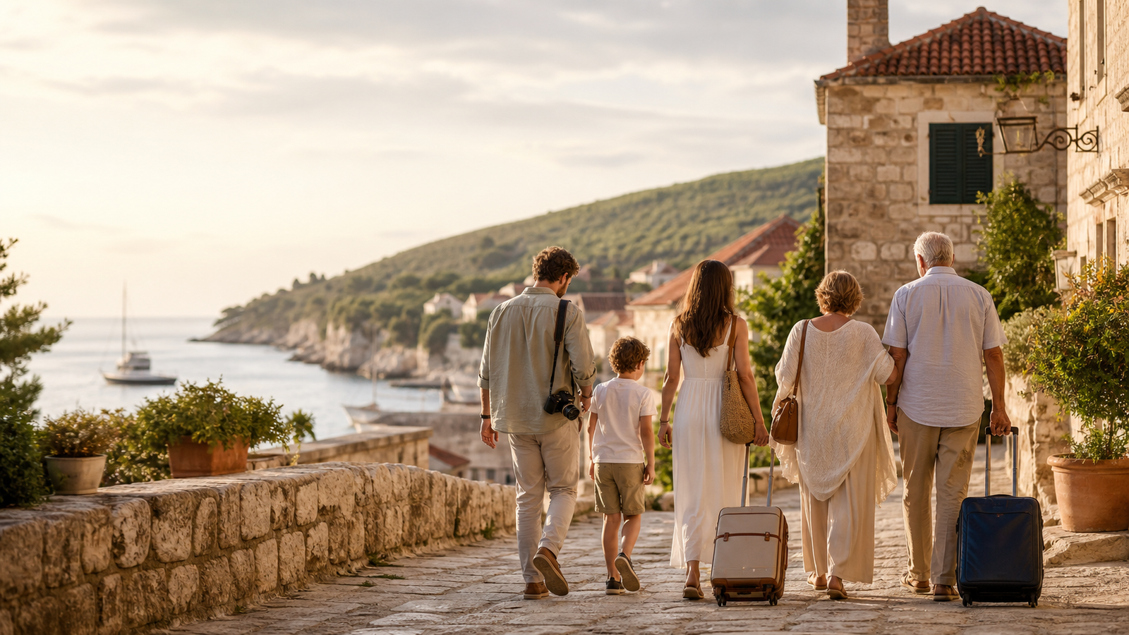 Familia recorriendo un pueblo europeo al atardecer