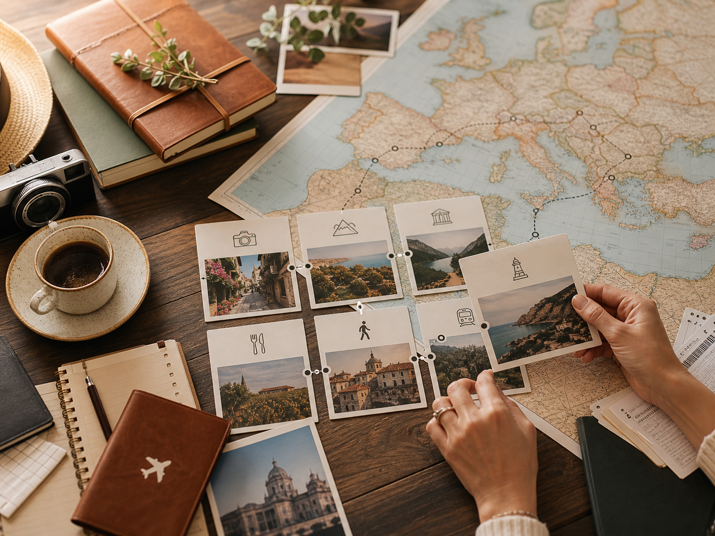 Tarjetas de itinerario modular organizadas sobre un mapa