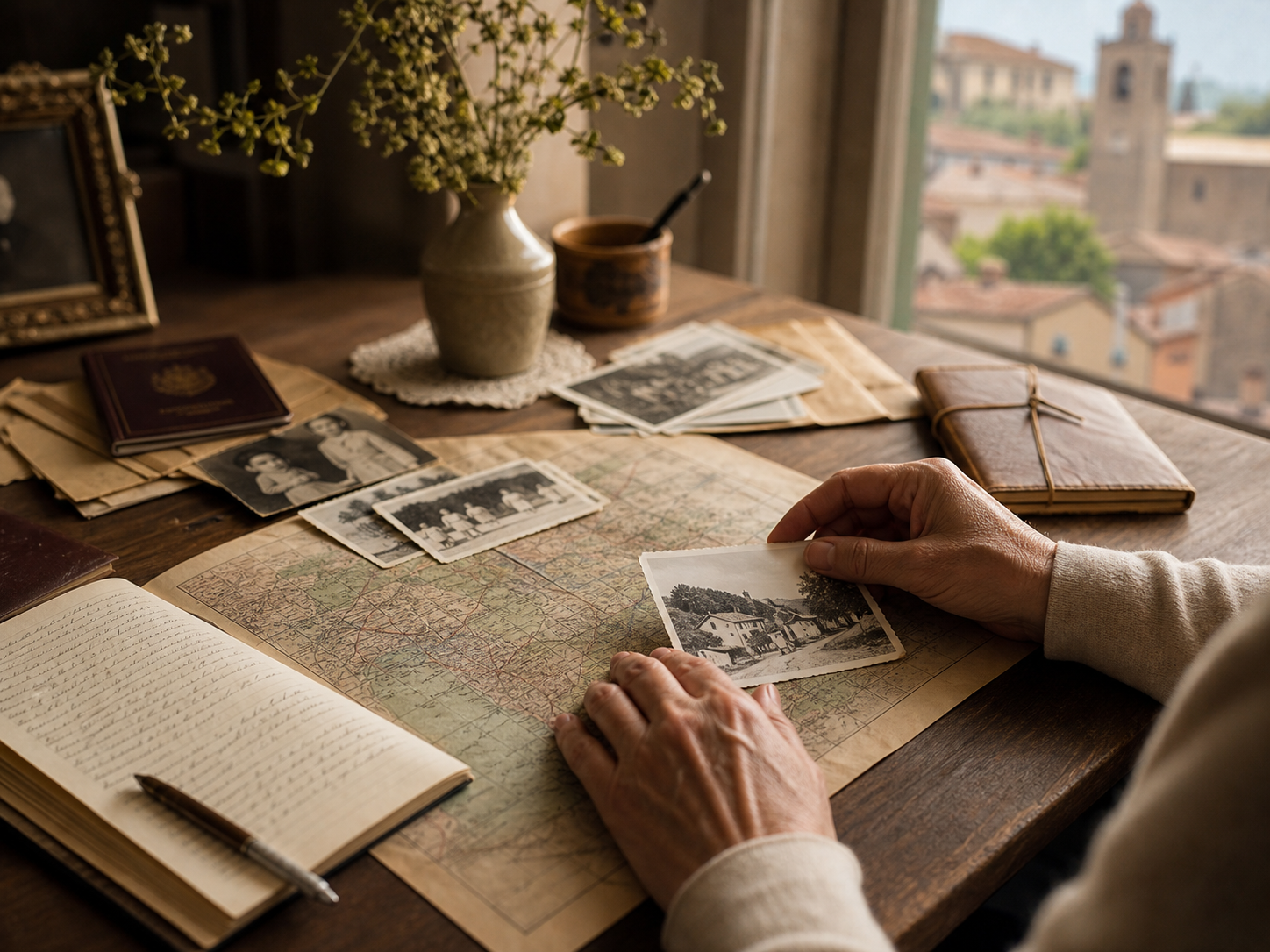 Fotos familiares antiguas y mapa sobre una mesa